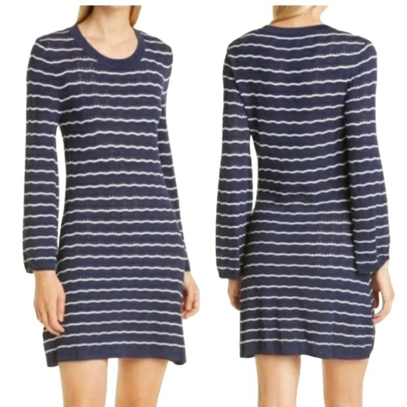 CHRISANNA STRIPE LONG SLEEVE POINTELLE MINI SWEATER DRESS IN BLUE WHITE ZIGZAG - Picture 1 of 7